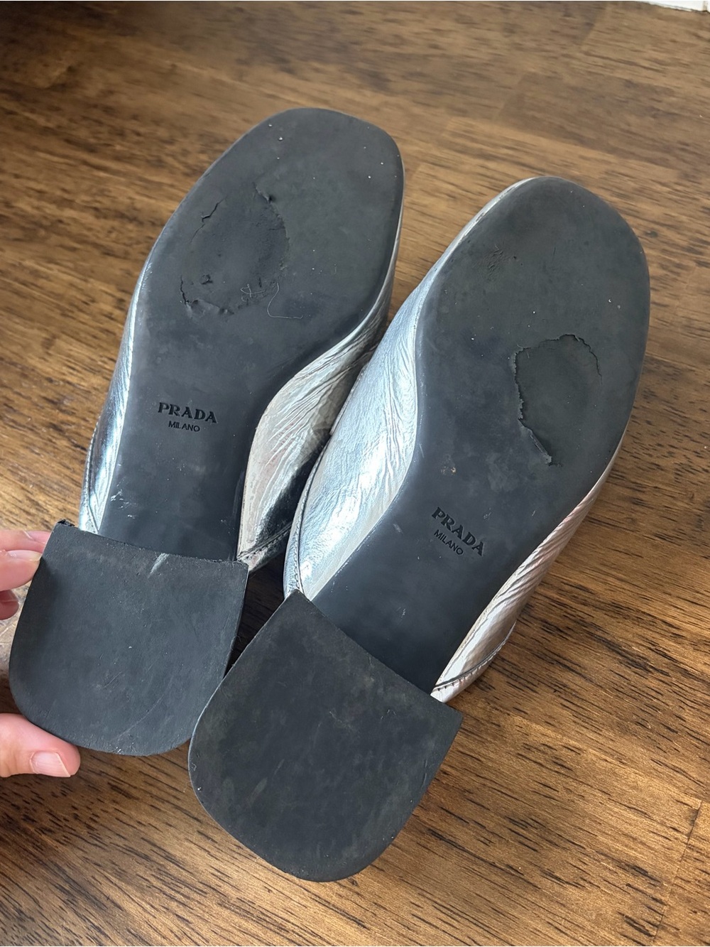 PRADA Silver Metallic Leather Mules Loafer Slides size 7 37.5 - Picture 8 of 12